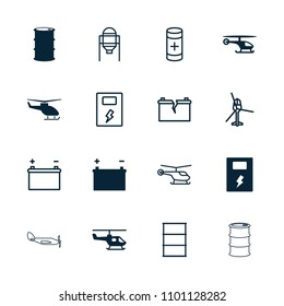 Fuel icon. collection of 16 fuel filled and outline icons such as battery, helicopter, tank, barrel. editable fuel icons for web and mobile.