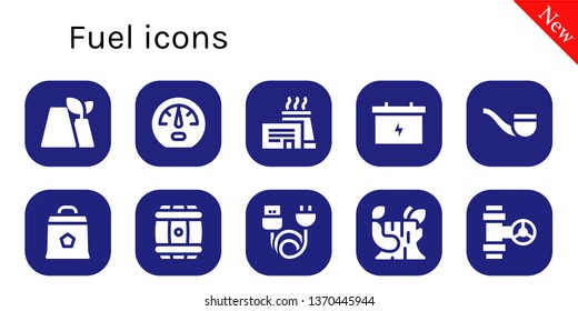 fuel icon set. 10 filled fuel icons.  Simple modern icons about  - Factory, Dashboard, Battery, Pipe, Charcoal, Barrel, Charge, Log