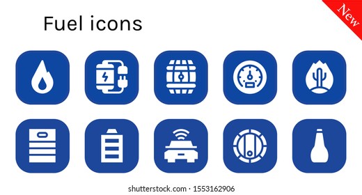 fuel icon set. 10 filled fuel icons.  Collection Of - Fire, Battery, Barrel, Tachometer, Full battery, Electric car, Oil icons