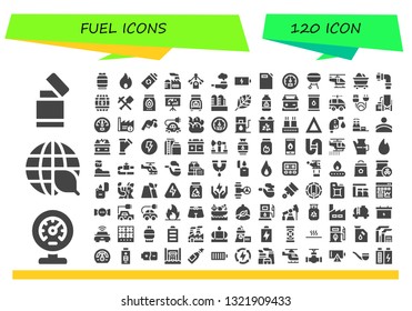 fuel icon set. 120 filled fuel icons.  Simple modern icons about  - Lighter, Meter, Ecology, Gas, Fire, Battery, Factory, Motor, Pipe, Gas can, Speedometer, Charcoal, Helicopter