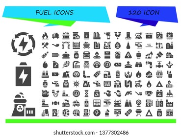 fuel icon set. 120 filled fuel icons.  Collection Of - Energy, Nuclear plant, Battery, Fire, Tank, Barrel, Oil, Factory, Helicopter, Pipe, Charger, Electric car, Gasoline, Mine