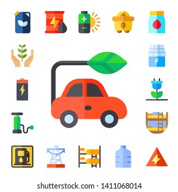 fuel icon set. 17 flat fuel icons.  Collection Of - ecology, battery, electric car, pump, solar energy, renewable energy, bunk, gas station, oil, power line, mining, gallon, coal
