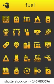fuel icon set. 26 filled fuel icons.  Collection Of - Hydro power, Pipe, Charcoal, Derrick, Fire, Meter, Rigging, Lighter, Empty battery, Renewable energy, Battery, Diminish, Factory