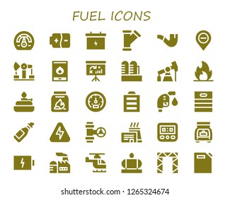  fuel icon set. 30 filled fuel icons. Simple modern icons about  - Speedometer, Battery, Pipe, Diminish, Derrick, Fire, Dashboard, Factory, Pump jack, Burner, Coal, Tachometer