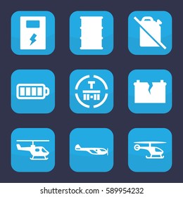 fuel icon. Set of 9 fuel filled icons such as helicopter, barrel, cargo terminal, baterry, battery, broken battery