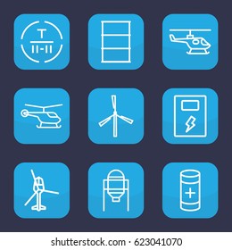 Fuel icon. set of 9 outline fuel icons such as helicopter, tank, mill, barrel, cargo terminal