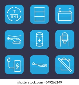 Fuel icon. set of 9 outline fuel icons such as helicopter, tank, barrel, cargo terminal, battery