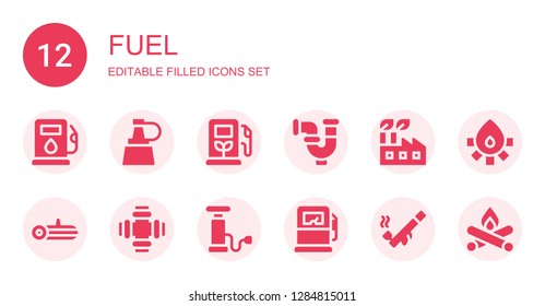 fuel icon set. Collection of 12 filled fuel icons included Gas station, Oil, Pipe, Factory, Log, Pump, Gas pump, Fire