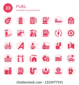 fuel icon set. Collection of 30 filled fuel icons included Fire, Full battery, Gas station, Fuel, Meter, Pump, Helicopter, Nuclear plant, Gas pump, Eco energy, Oil, Adrive, Flame