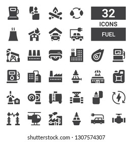 fuel icon set. Collection of 32 filled fuel icons included Pipe, Electric car, Flame, Pollution, Helicopter, Electricity, Eco energy, Lighter, Water tank, Manometer, Eolical, Jerrycan