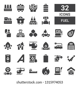 fuel icon set. Collection of 32 filled fuel icons included Garage, Fuel, Fire, Meter, Helicopter, Manometer, Pipe, Empty battery, Oil, Adrive, Electric car, Gas pump, Benzene