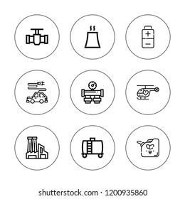 Fuel icon set. collection of 9 outline fuel icons with battery, biodiesel, electric car, factory, helicopter, nuclear plant, pipe icons. editable icons.