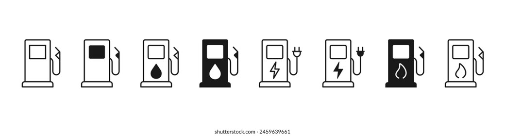 Juego de iconos de combustible. Combustible, gasolina, estación de carga. Ilustración vectorial.