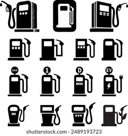 Juego de iconos de combustible. Iconos o carteles de gasolineras. Símbolo de icono de aceite del motor. Colección de transporte, gasolina. Ilustración vectorial