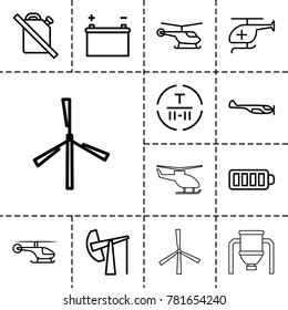 Fuel icons. set of 13 editable outline fuel icons such as mill, helicopter, no oil, cargo terminal, baterry, medical helicopter, battery, oil derrick