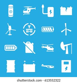 Fuel icons set. set of 16 fuel filled icons such as mill, helicopter, barrel, cargo terminal, baterry, battery, medical helicopter, broken battery, oil derrick