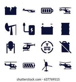 Fuel icons set. set of 16 fuel filled icons such as tank, helicopter, barrel, cargo terminal, baterry, medical helicopter, battery, broken battery, oil derrick