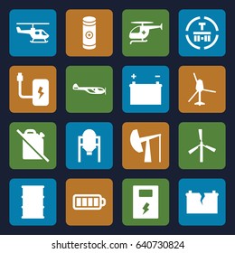 Fuel icons set. set of 16 fuel filled icons such as tank, mill, helicopter, barrel, cargo terminal, baterry, battery, medical helicopter, broken battery, oil derrick