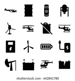 Fuel icons set. set of 16 fuel filled icons such as tank, mill, helicopter, barrel, baterry, battery, medical helicopter, broken battery, oil derrick