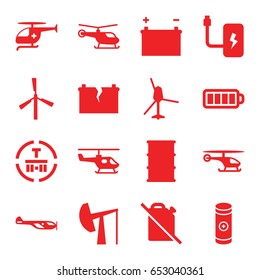 Fuel icons set. set of 16 fuel filled icons such as mill, helicopter, barrel, cargo terminal, baterry, battery, medical helicopter, broken battery, oil derrick