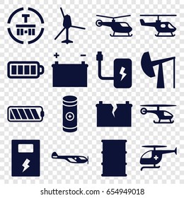 Fuel icons set. set of 16 fuel filled icons such as helicopter, barrel, cargo terminal, baterry, battery, medical helicopter, broken battery