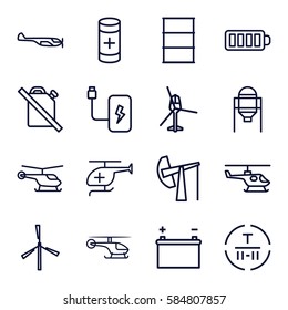 fuel icons set. Set of 16 fuel outline icons such as helicopter, tank, mill, barrel, cargo terminal, baterry, battery, medical helicopter, oil derrick