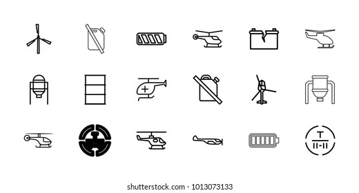Fuel icons. set of 18 editable outline fuel icons: tank, mill, helicopter, barrel, no oil, cargo terminal, medical helicopter, battery, broken battery