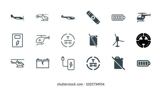 Fuel icons. set of 18 editable filled and outline fuel icons: helicopter, no oil, cargo terminal, baterry, medical helicopter, battery