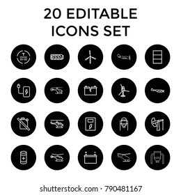 Fuel icons. set of 20 editable outline fuel icons such as tank, mill, helicopter, barrel, no oil, cargo terminal, battery. best quality fuel elements in trendy style.