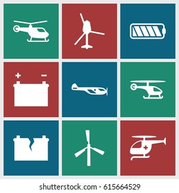 Fuel icons set. set of 9 fuel filled icons such as mill, helicopter, medical helicopter, battery