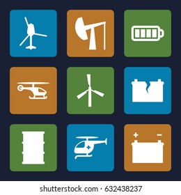 Fuel icons set. set of 9 fuel filled icons such as mill, barrel, baterry, medical helicopter, battery, broken battery, helicopter