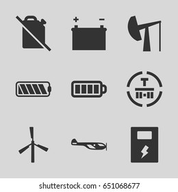 Fuel icons set. set of 9 fuel filled icons such as mill, helicopter, cargo terminal, baterry, battery, oil derrick