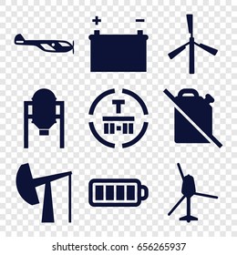 Fuel icons set. set of 9 fuel filled icons such as tank, mill, helicopter, cargo terminal, baterry, battery, oil derrick