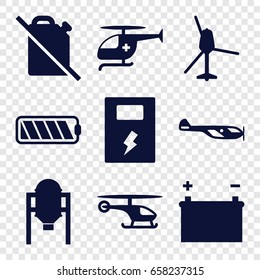 Fuel icons set. set of 9 fuel filled icons such as tank, helicopter, medical helicopter, battery