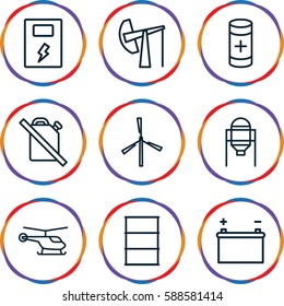 fuel icons set. Set of 9 fuel outline icons such as helicopter, tank, mill, barrel, battery, oil derrick