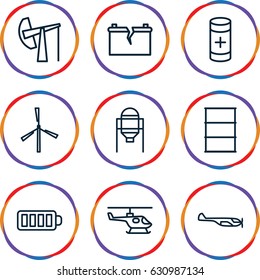 Fuel icons set. set of 9 fuel outline icons such as helicopter, tank, mill, barrel, baterry, battery, broken battery
