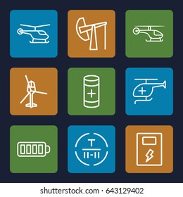 Fuel icons set. set of 9 fuel outline icons such as helicopter, cargo terminal, baterry, battery, medical helicopter