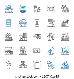 fuel icons set. Collection of fuel with fire, gas, industry tank, valve, charcoal, pollution, battery, nuclear plant, factory, wind turbine. Editable and scalable fuel icons.