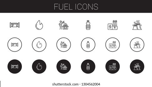 fuel icons set. Collection of fuel with pipe, fire, gas, oils, industry. Editable and scalable fuel icons.