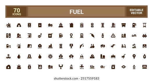 Fuel icons set. Oil pump and petrol icons with oil drop, tanker ship, glyph collection for web and ui. editable stroke. Solid icon set. Vector illustration.