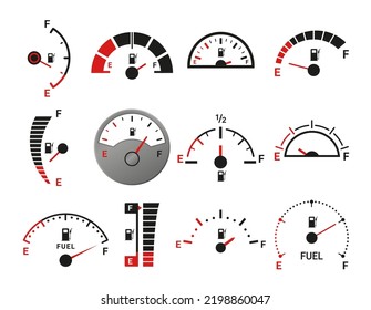 Fuel indicator with arrow set realistic vector illustration. Automobile dashboard petrol engine control gasoline panel dependency scale. Vehicle transportation gas diesel tank fill measure level