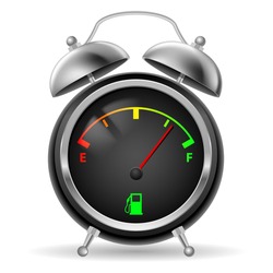 Fuel Indicator In Creative Retro Alarm Clock Design. Colorful Signs On Black Face. Illustration On White.