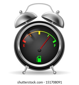 Fuel indicator in creative retro alarm clock design. Colorful signs on black face. Illustration on white.
