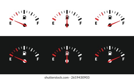 Indicador de combustível. indicador de combustível e vazio. Indicador de combustível com aviso para indicar baixo nível de combustível. Conceito de escassez de energia isolado. 