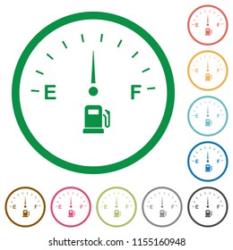Fuel indicator flat color icons in round outlines on white background