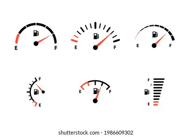 Fuel indicator for gas, petrol, gasoline, diesel level count. Set of car gauge for measuring fuel consumption and control gas tank fullness vector illustration isolated on white background - Shutterstock ID 1986609302
