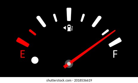 Fuel indicator, fuel gauge on black background. Full tank. Automobile panel, fuel pump sign, yellow empty tank indicator.