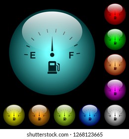 Fuel indicator icons in color illuminated spherical glass buttons on black background. Can be used to black or dark templates