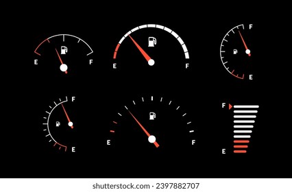 Fuel indicator meter or fuel gauge for petrol, gasoline, diesel level count. Control gas tank fullness. Set of fuel gauge scales icons. Car dial petrol gasoline dashboard. Vector illustration