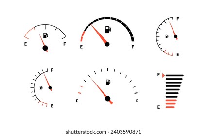 Fuel indicator meter or fuel gauge for petrol, gasoline, diesel level count. Control gas tank fullness. Set of fuel gauge scales icons. Car dial petrol gasoline dashboard. Vector illustration